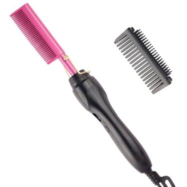 Imagem de Pente alisador de cabelo de cerâmica 2 em 1 - Escova de prensagem a quente para cabelos pretos naturais molhados e secos, perucas de barba e ondulação. Ferramenta portátil para viagem e casa