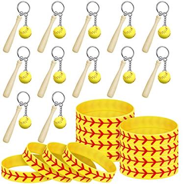 Imagem de Conjunto de pingentes de softball 24 peças, incluindo 12 chaveiros de softball amarelo com morcego de madeira e 12 peças de pulseira de softbol de borracha de silicone para atletas esportivos lembrancinhas de festa de lembrança