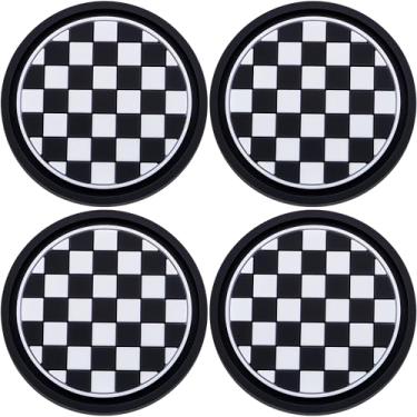 Imagem de MEAJOO Porta-copos de carro com 4 peças – Tapete antiderrapante de 6 cm com inserção automática – Ajuste universal para mulheres e meninas – Acessórios de decoração de interiores (tabuleiro de xadrez)