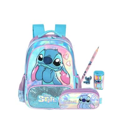 Imagem de Kit Mochila Costas E Estojo Triplo Stitch Kids Holográfico