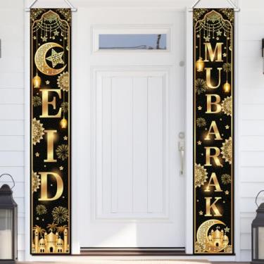 Imagem de Avezano Eid Mubarak Placa de alpendre Eid Mubarak Festival Festa Banner Preto e Dourado Faixa de Porta Ramadã Muçulmano para Decoração de Casa Interior e Exterior