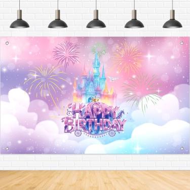 Imagem de Pano de fundo de princesa, decoração de festa de aniversário de princesa para meninas e mulheres, cenário de castelo rosa de 1,8 m x 1,2 m com 4 furos e corda de 10 m para decoração de festa interna e