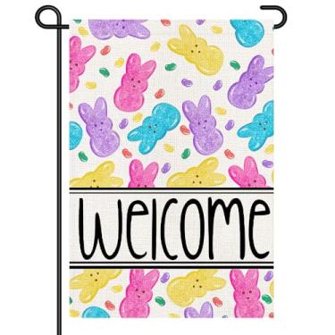 Imagem de Bandeira de jardim de boas-vindas da Páscoa, 30,5 x 45,7 cm, pequena, dupla face, peeps Bunny e Jelly Bean, bandeira de quintal, colorida, primavera, decoração externa para varanda e jardim DF1070