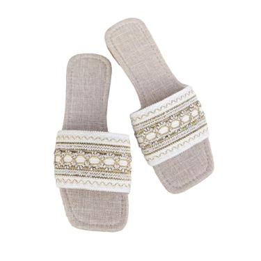 Imagem de GORGLITTER Sandália feminina boho trançada quadrada bico aberto bordado sem cadarço sandálias rasteiras verão férias tendência sapatos, Branco, 37