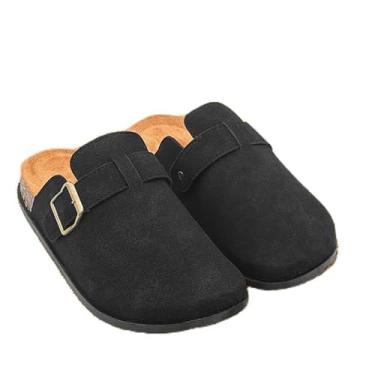 Imagem de Tamancos de camurça para mulheres, sandálias de poliuretano, palmilha de cortiça, chinelos sem cadarço para ambientes internos e externos, sandálias fofas clássicas com fivela ajustável preta, Preto