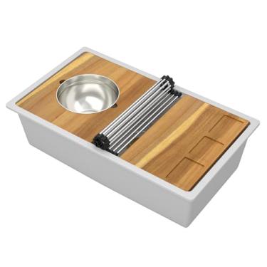 Imagem de Talllor Pia de cozinha composta de 30 granitos – 76 cm x 48 cm branco submontado em granito para pia de cozinha, estação de trabalho, tigela única, quartzo branco sob o balcão, pias multifuncionais