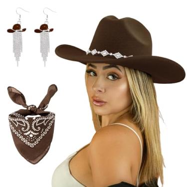 Imagem de JIANGLAI Chapéu de cowgirl ocidental para mulheres e homens, chapéu de cowboy Fedora de aba larga com strass e brincos de borla de vaqueira, Marrom, tamanho �nico