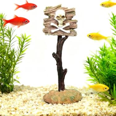 Imagem de Miewenmogu Enfeites engraçados de decoração de aquário sinal de aviso de tubarão decorações de aquário caveiras logotipo ornamentos para aquário acessórios de tanque de répteis (caveira)