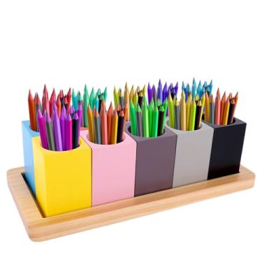 Imagem de Porta-Lápis Cor Madeira, Organizador Mesa Montessori com 10 Compartimentos Coloridos para Guardar Marcadores Giz Cera e Canetas Casa No Escritório Escola e Sala Aula (Lápis Não Incluídos)