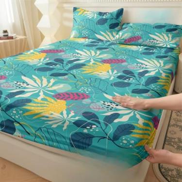 Imagem de Jogo de Lençol Listras Preto e Branco 3 Peças Percal Estampado Solteiro/Casal/Queen(Tropical Azul,Queen 03 Peças)