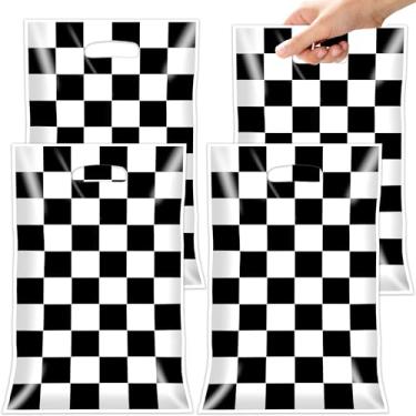 Imagem de FUULOXE 100 peças de sacos de presente xadrez de plástico com alças, preto e branco com tema de carro de corrida para crianças, lembrancinhas de artigos de festa de aniversário