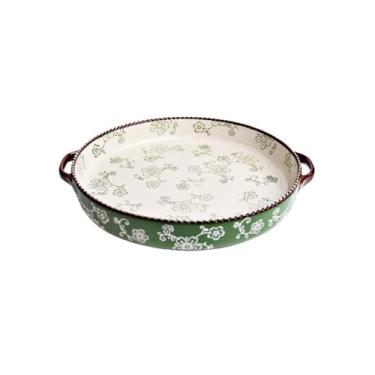 Imagem de Assadeira redonda para pizza panela de cerâmica dupla orelha assadeira forno com queijo doméstico especial assado arroz assado bandeja caçarola para forno (verde)