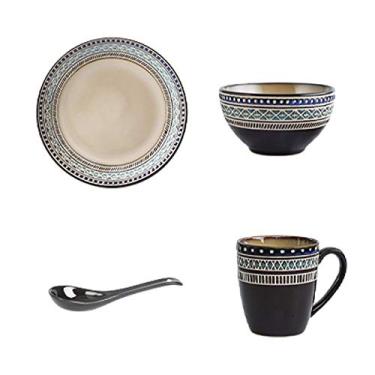 Imagem de Conjunto de pratos de jantar de cerâmica para cozinha, conjunto de louça artesanal em relevo, conjunto inclui 1 prato de jantar, 1 tigela, 1 caneca e 1 colher de pratos de servir, sala de jantar e