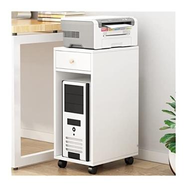 Imagem de Prático suporte de torre de PC com armazenamento, suporte de CPU de madeira de 2 camadas com gaveta, estojo de carrinho de impressora móvel para escritório em casa (branco)