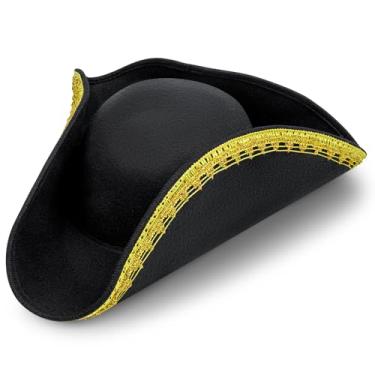 Imagem de Lrvcnva Chapéu de fantasia de pirata feminino/masculino, chapéu de pirata preto para crianças, chapéus coloniais Tricomn adequados para fantasia de guerra revolucionária Halloween