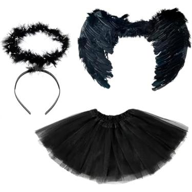 Imagem de Fantasia Anjo Caído Feminina Preta com Asa, Saia de Tule e Tiara – Look Gótico Dark Angel para Carnaval, Festa e Eventos