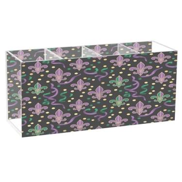 Imagem de CEBUGI Porta-lápis de acrílico transparente com 4 compartimentos, organizador de pincéis de maquiagem com estampa flor-de-lis para armazenamento em mesa de escritório em casa