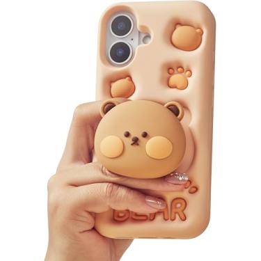 Imagem de TUFTA Capa de telefone Kawaii 3D ursinho de pelúcia para iPhone 17 (com suporte e aderência) linda capa de telefone de desenho animado feminino animal para meninas, meninos, crianças, adolescentes e