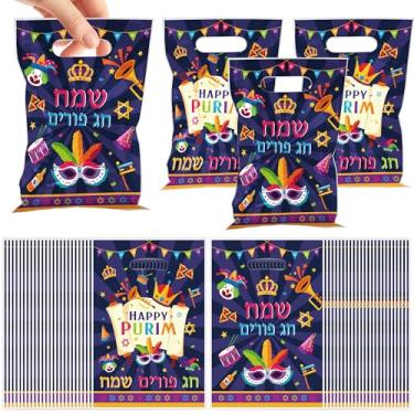 Imagem de 50 peças de sacos de presente Happy Purim, sacos de lembrancinha de festa de carnaval com bênçãos hebraicas máscaras de palhaço, coroas e estrelas, sacos de plástico para petiscos Purim Mishloach