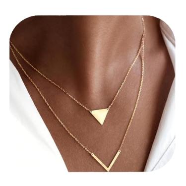 Imagem de Colar feminino com pingente triangular banhado a ouro 14K em camadas – Corrente delicada de várias camadas, joia minimalista para o dia a dia e para presente, one size, Metal, Sem Pedra Preciosa