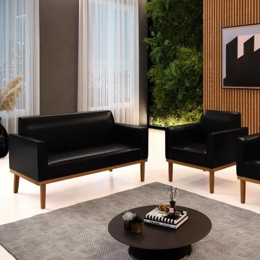 Imagem de Conjunto Poltrona e Namoradeira Decorativa Isabella Pés Fixo em Madeira Castanho PU Preto Brilho G19 - Gran Belo