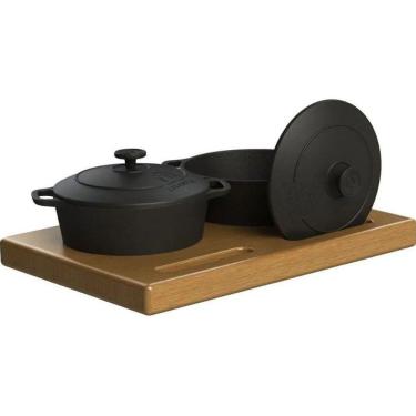 Imagem de Par Panelinhas Ferro Porção Restaurante e Aparador Madeira