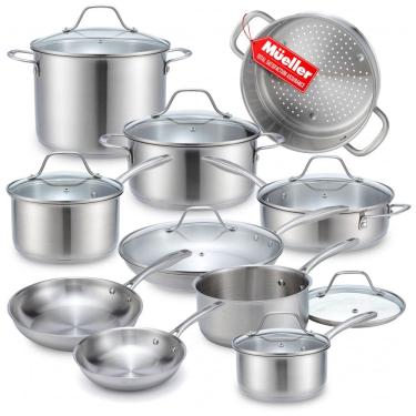 Imagem de Jogo de Panelas e Frigideiras Antiaderentes em Aço Inoxidável, 17 Peças, Mueller Austria, Prata