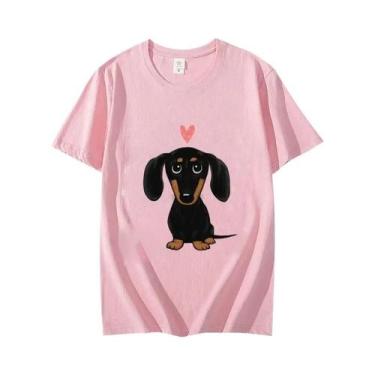Imagem de Camiseta Feminina Casual De Verão Com Estampa De Coração De Dachshund 