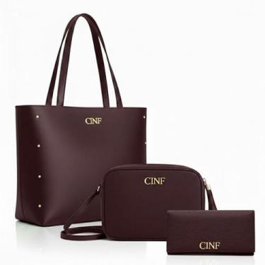 Imagem de Bolsa Feminina Kit 3 Sacola Grande Transversal e Carteira - CINF, Bord