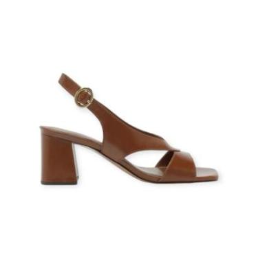 Imagem de Sandália Feminina Arezzo Couro Slingback Tiras Salto Bloco Caramelo-Feminino