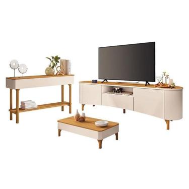 Imagem de Rack Bancada Elara Com Mesa De Centro Liz E Aparador Fiero Off White Cinamomo - Hb Móveis