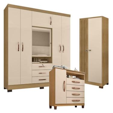 Imagem de Guarda Roupa Casal Imperial e Cômoda Sapateira Cannes com Armário Multiuso Versatile Carvalho Americano Off White – Incorplac