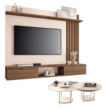 Imagem de Painel Suspenso Lets Castanho Off White com Kit Mesa de Centro Sky Off White - HB Móveis