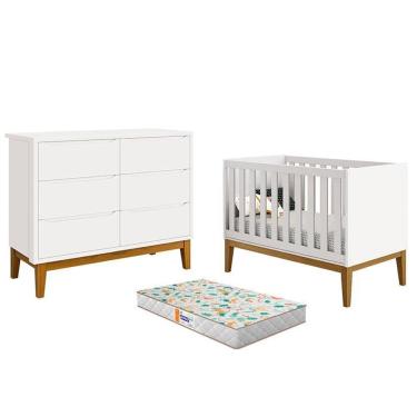 Imagem de Berço Americano e Cômoda 6 Gavetas New Classic Branco com Pés Madeira e Colchão Gazin  – Reller