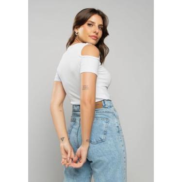 Imagem de Blusa Canelada Manga Curta Ombro Vazado Branco Salvatore, Branco, P
