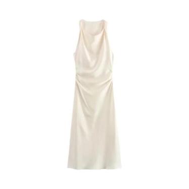 Imagem de Vestido Midi Elegante De Cetim Sem Mangas Com Decote Drapeado Para Mul