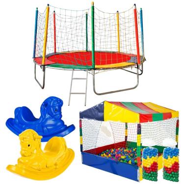 Imagem de Kit Cama Elastica Cama Elastica 3m Piscina 1,50m 150kg Rede Protecao 1000 Unidades 2 Gangorras Rotoplay Brinquedos
