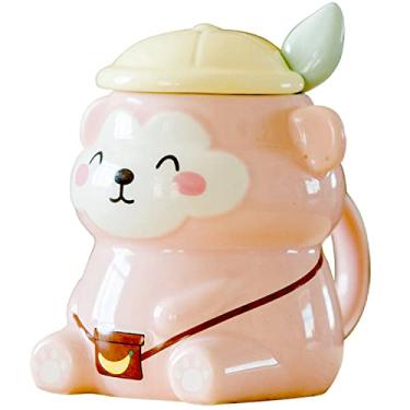 Imagem de Caneca de macaco rosa com tampa caneca 3D xícara de café de cerâmica xícara de chá de lua presente escritório casa (palha rosa macaco palha, 380 ml)