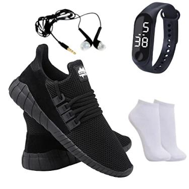 Imagem de Tênis Caminhada Corrida Leve Macio Confortável Academia Fitness + Relógio + Meia + Fone - Black - 45