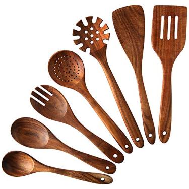 Imagem de Utensílios de cozinha de madeira, 7 peças de colheres de madeira de teca e espátula para cozinhar, panelas elegantes, vendidas e antiaderentes para uso doméstico e decoração de cozinha, 7
