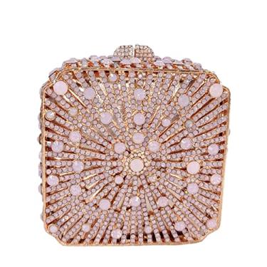 Imagem de Boutique De FGG Bolsa feminina de metal com cristal para noite, para casamento, noiva, strass, festa, mini, Opala rosa, Mini Square
