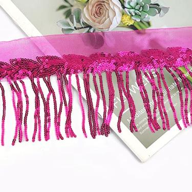 Imagem de 2/4 jardas 10 cm paetês lantejoulas borla renda franja guarnição tecido de malha DIY desempenho saia vestido de noiva decoração material de costura, rosa vermelha, 4 jardas