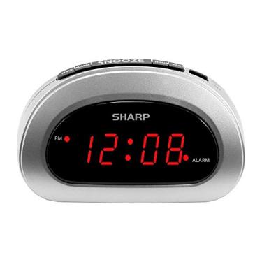Imagem de Sharp Despertador digital pequeno com soneca e bateria reserva, controles de botão superior fáceis de usar para uso simples, caixa prata com visor LED vermelho fácil de ler