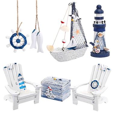 Imagem de 7 peças Adirondack cadeira de praia caixa de madeira farol de madeira mini barco a vela âncora peixe de madeira pendurado modelo estrela do mar ornamento de árvore de natal decoração de aquário decoração de aquário ornamento de paisagem de aquário