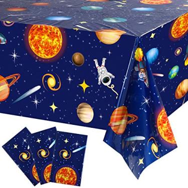 Imagem de Decorações de toalha de mesa espacial, capa de mesa de plástico do sistema solar design de planeta para crianças tema espacial decorações e suprimentos de festa de aniversário, 137 x 260 polegadas (3 peças)