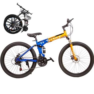 Imagem de Bicicleta dobrável portátil para adultos bicicletas dobráveis para adultos bicicleta de montanha dobrável com garfo de suspensão engrenagens de 66 cm bicicleta dobrável bicicleta da cidade moldura de aço de alto carbono, amarelo/raios, 27