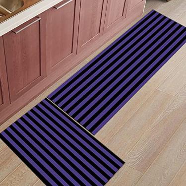 Imagem de Tapete de corredor de cozinha, decoração de Halloween feliz preto e roxo listrado antiderrapante tapete de corredor, tapete de porta tapete para lavanderia, banheiro, quarto, conjunto de 2