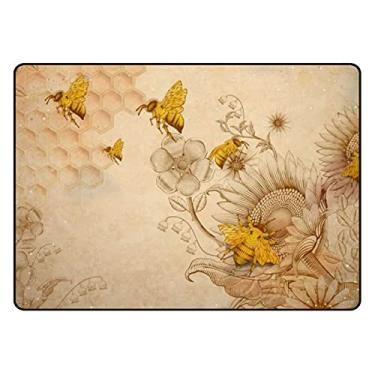 Imagem de Tapete para sala de estar, quarto, mel, abelhas, flores silvestres, tapete de chão macio, retrô, para sala de jantar, sala de aula, 1,2 m x 1,8 m