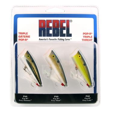 Imagem de Rebel Iscas Pop-R Topwater Popper Isca, pacote com 3 ameaças triplas, Pop-R (14 ml), tamanho único