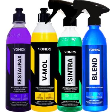 Imagem de Kit Automotivo Shampoo V-mol 500ml Limpador Sintra Fast Revitalizador Restaurax Cera Liquida Blend Spray Vonixx